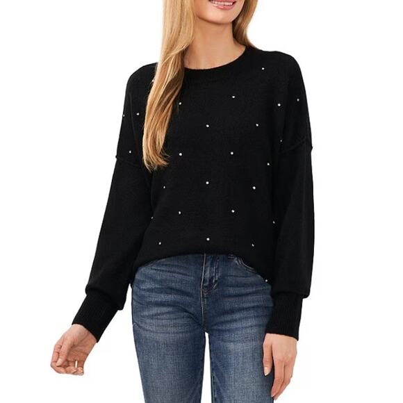 CECE Crew Neck Drop Shoulder Rhinestone Sweater Large Black  Jersey Knit NWT - Picture 1 of 9